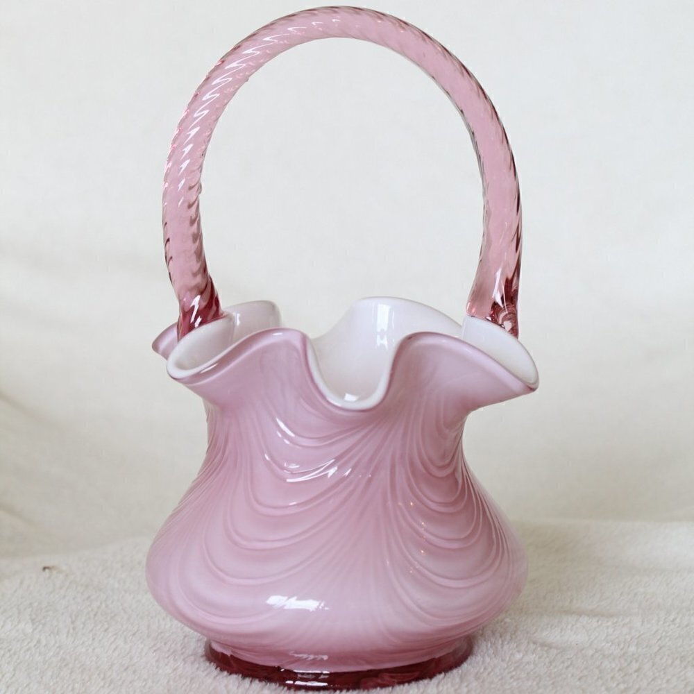 Fenton pink and white art glass basket candy dish center piece